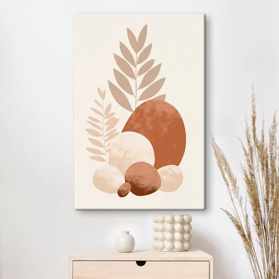  Schilderijen Abstracte vormen, gestructureerde stenen en bladeren in gedempte perzik- en terracottatinten, minimalistisch, crèmekleurige achtergrond s47013