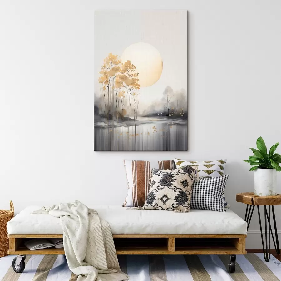  Schilderijen Decoratief abstract landschap, hoge bomen met gele bladeren, een rivier en mist op de achtergrond s47014