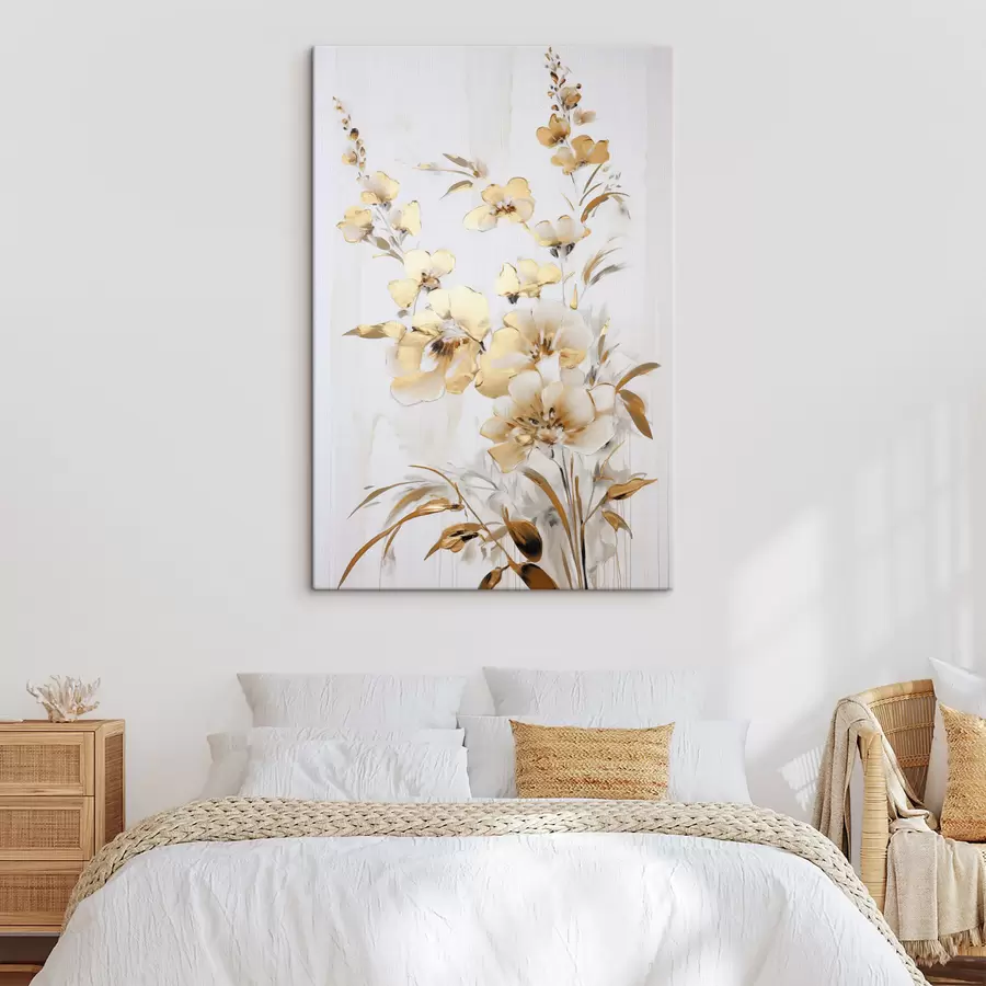  Schilderijen Getextureerde gele bloemen en bladeren tegen een witte achtergrond, met delicate penseelstreken s47016