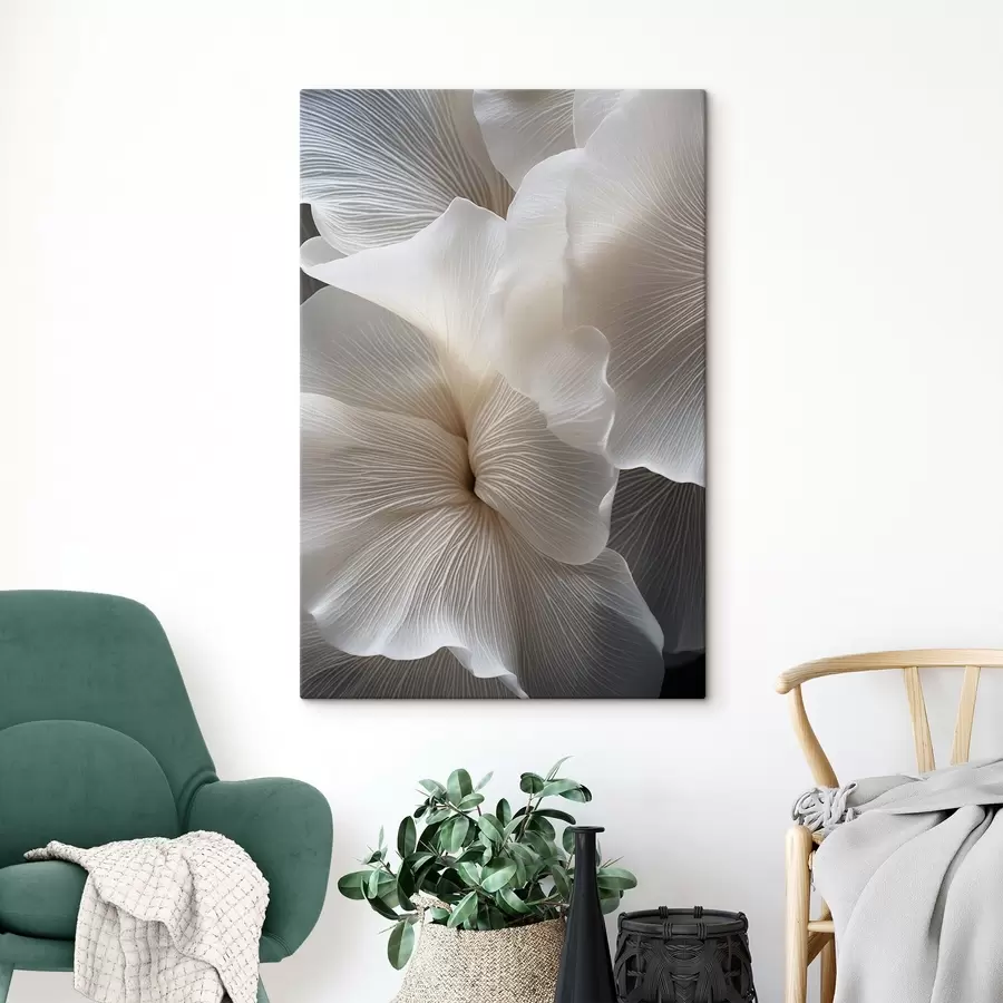  Schilderijen Close-up van delicate abstracte witte bloemblaadjes met ingewikkelde lijnen en een wazige donkere achtergrond s47019