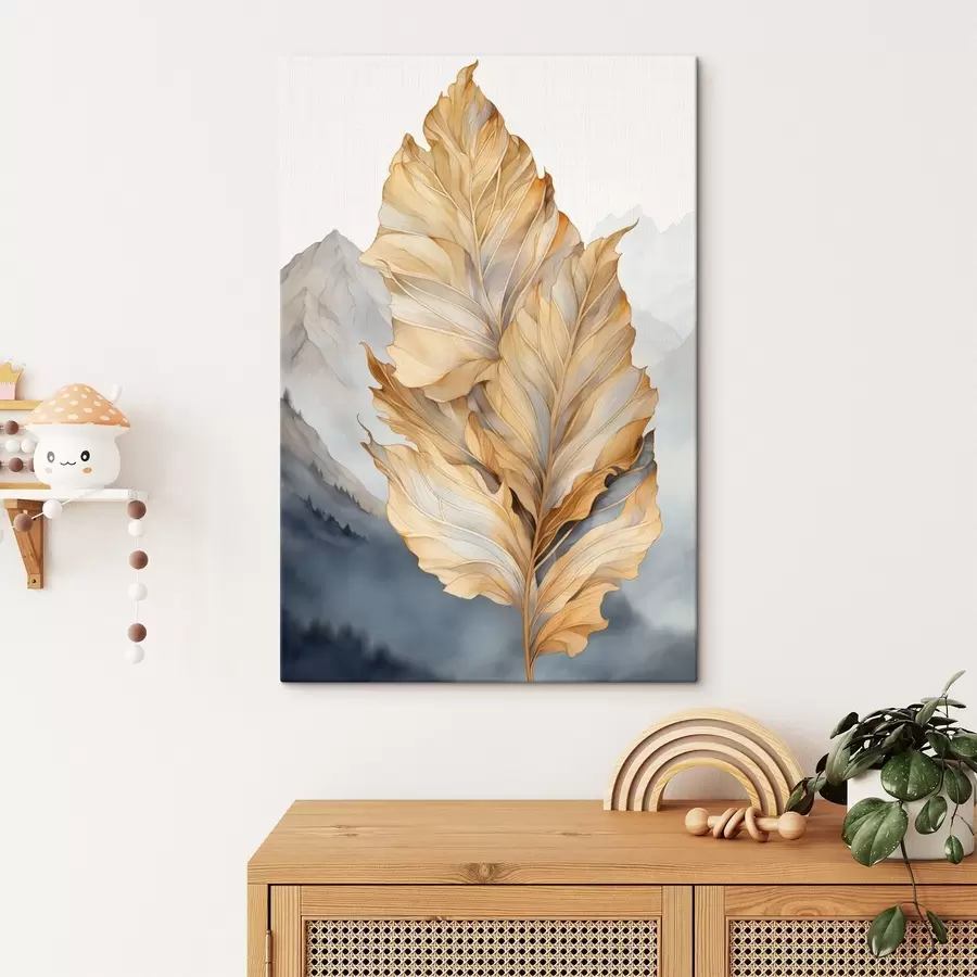  Schilderijen Abstracte grote, gele en bruine bladeren met ingewikkelde details, tegen een berglandschap s47022