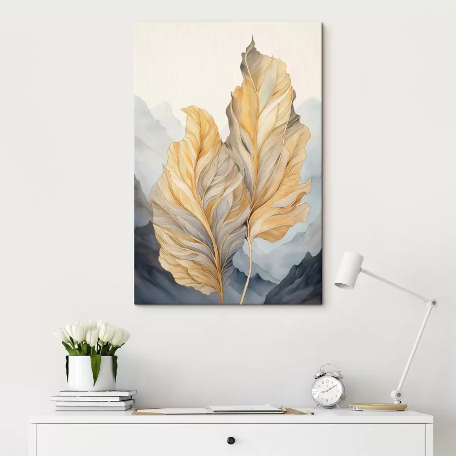  Schilderijen Abstracte grote, gele en bruine bladeren met ingewikkelde details, tegen een berglandschap s47023