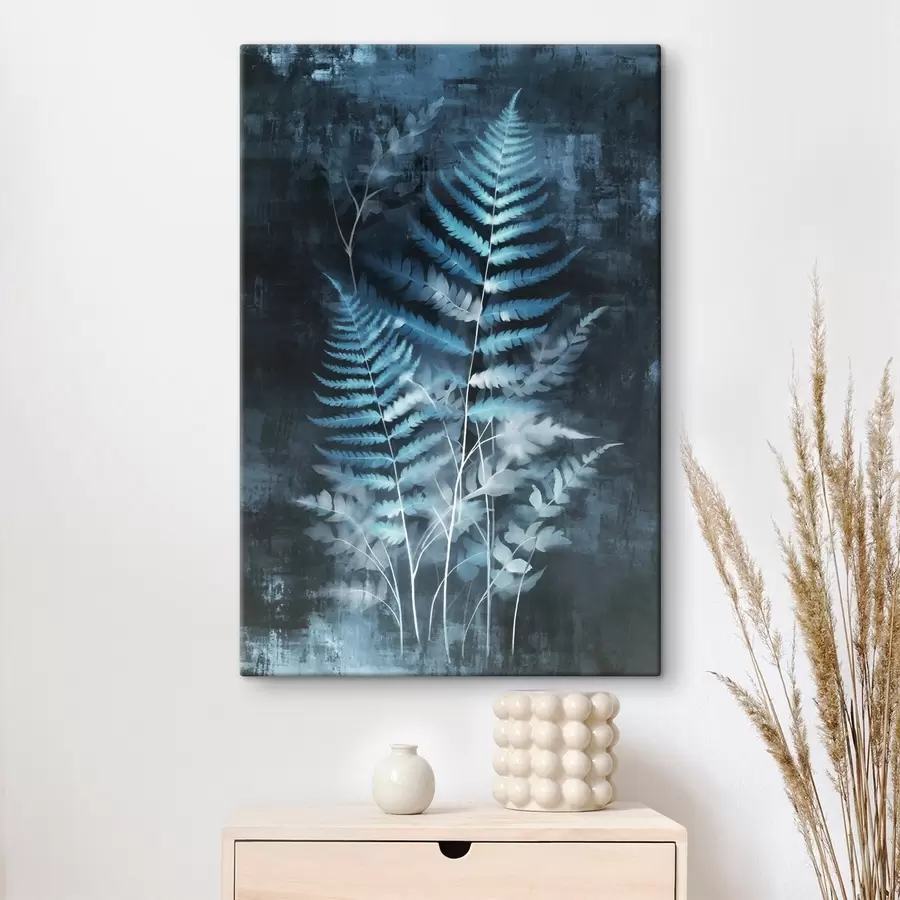  Schilderijen Blauwe varens en planten tegen een donkere, gestructureerde achtergrond, met de nadruk op de ingewikkelde details, röntgeneffect s47026