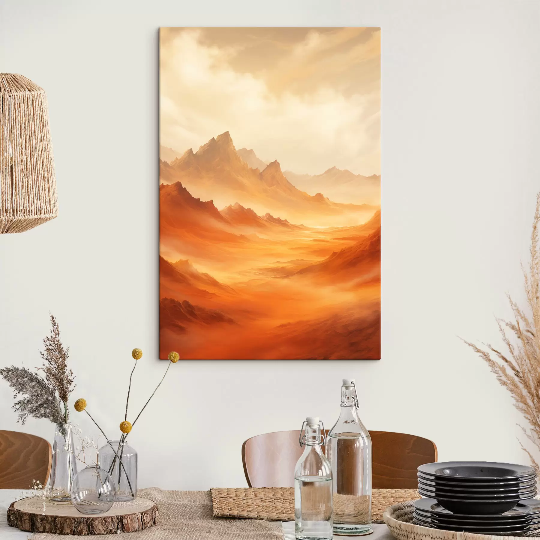  Schilderijen Een uitgestrekt, oranje woestijnlandschap met torenhoge, rotsachtige bergen onder een wazige, zonovergoten hemel met dunne wolken s47029