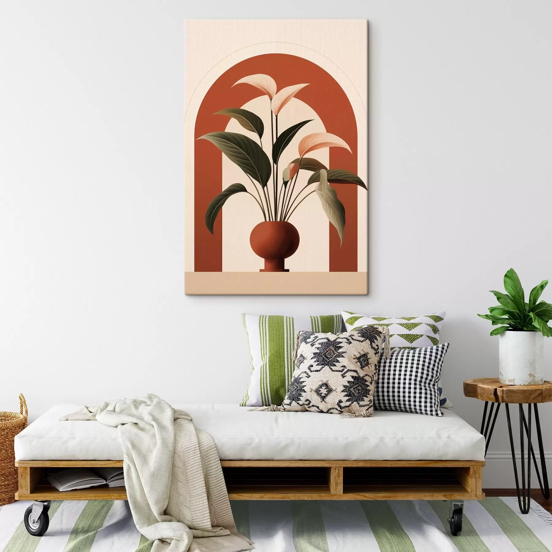  Schilderijen Abstracte potplant met grote groene en beige bladeren voor een crèmekleurige boog met een terracotta accent s47032