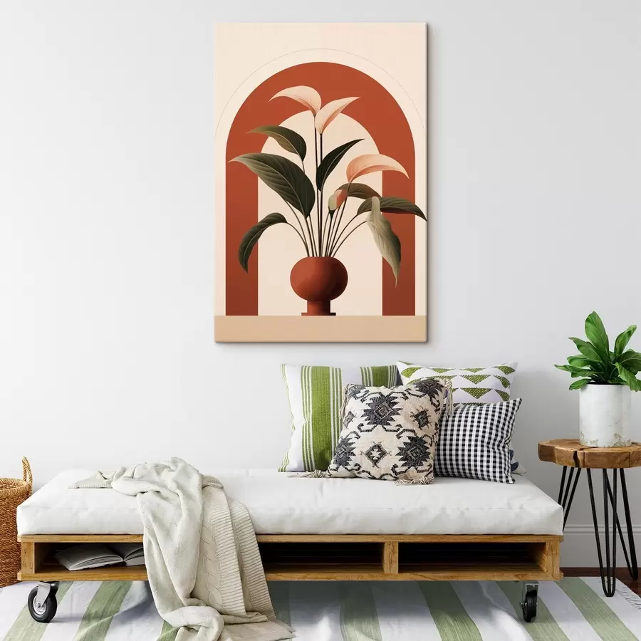  Schilderijen Abstracte potplant met grote groene en beige bladeren voor een crèmekleurige boog met een terracotta accent s47032