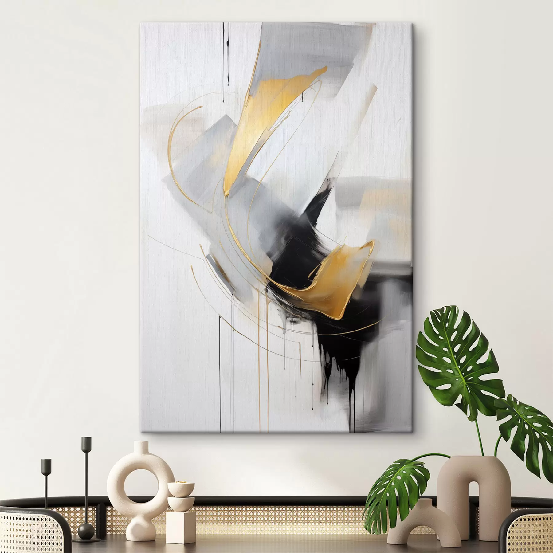 Fotobehang Abstract schilderij met gele en zwart-witte penseelstreken, dynamische lijnen s47034