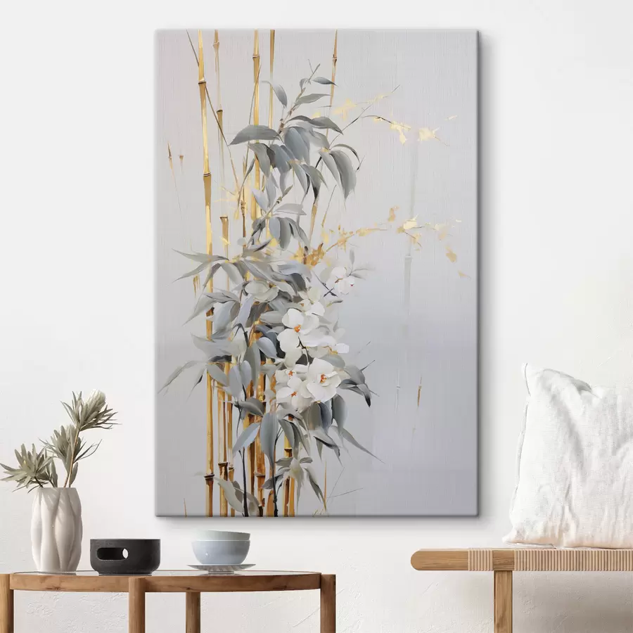  Schilderijen Abstracte bamboestengels met gele accenten, delicate witte bloemen en lichtgroene bladeren, grijze achtergrond s47038