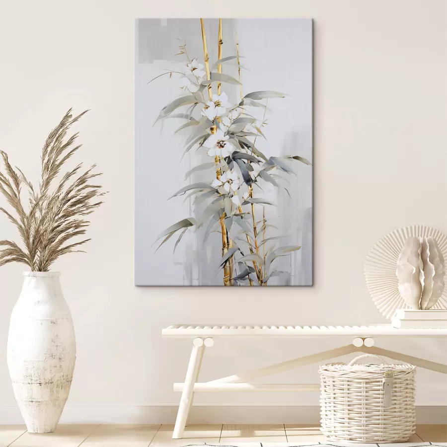  Schilderijen Abstracte bamboestengels met gele accenten, delicate witte bloemen en lichtgroene bladeren, grijze achtergrond s47039