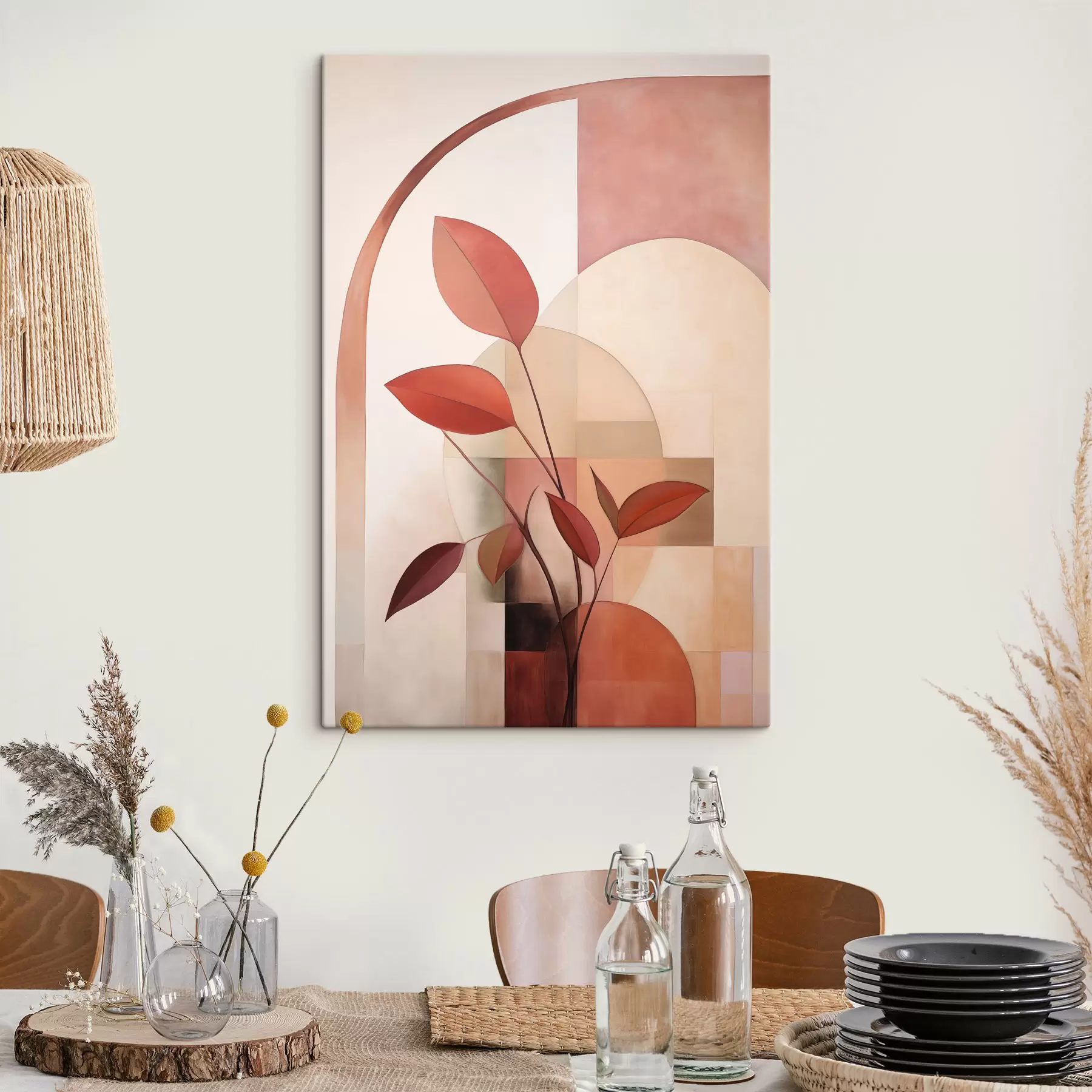  Schilderijen Abstracte plant met rode bladeren tegen een achtergrond van geometrische vormen en zachte, gedempte kleuren s47040
