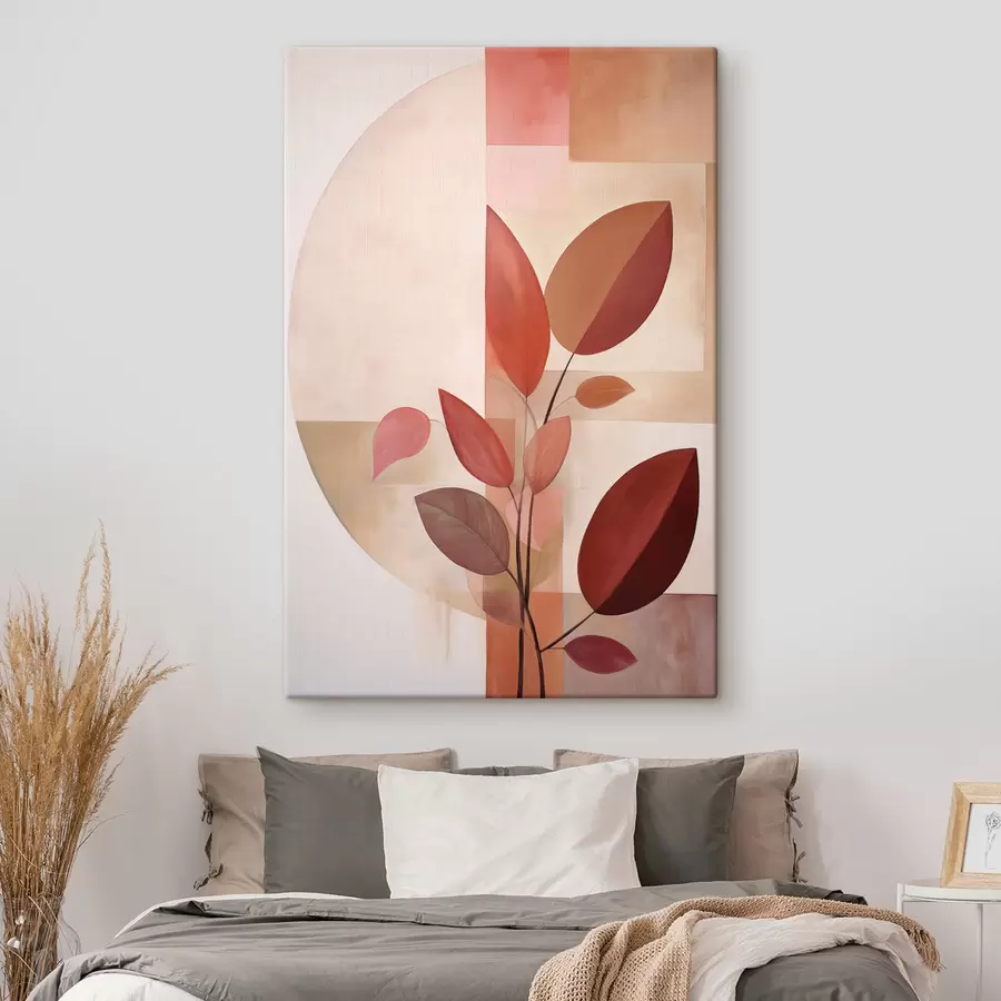  Schilderijen Abstracte plant met rode bladeren tegen een achtergrond van geometrische vormen en zachte, gedempte kleuren s47041