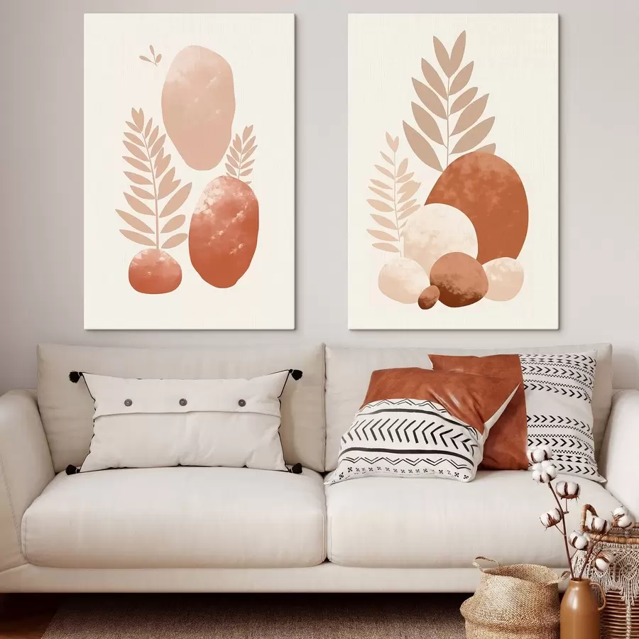  Schilderijen Abstracte vormen, gestructureerde stenen en bladeren in gedempte perzik- en terracottatinten, minimalistisch, crèmekleurige achtergrond m01114