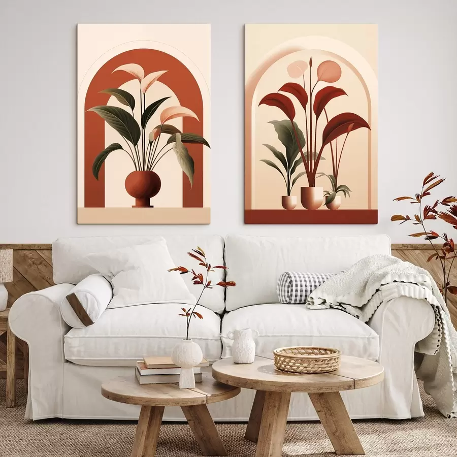  Schilderijen Abstracte potplanten met grote groene en rode bladeren voor een crèmekleurige boog m01124