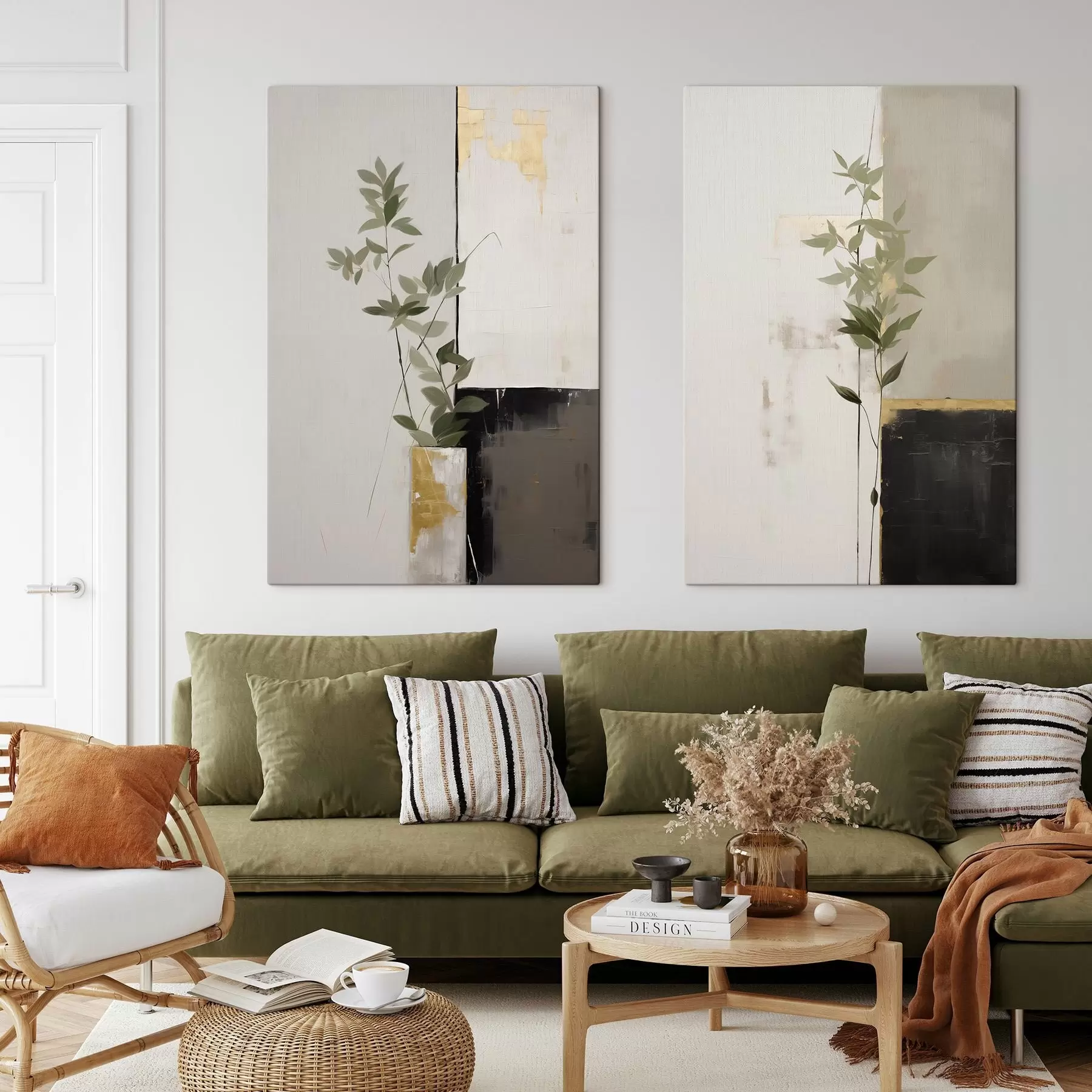  Schilderijen Een minimalistisch schilderij met textuur van een vaas met groene bladeren tegen een achtergrond van abstracte geometrische vormen m01126