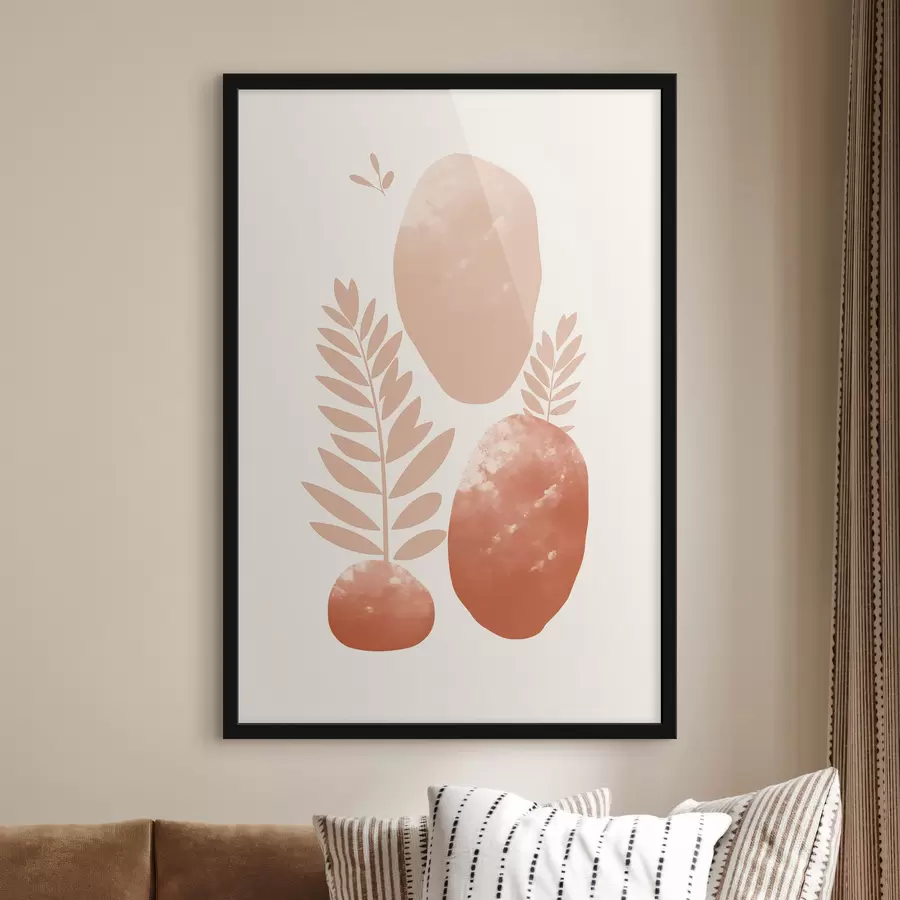 Fotobehang Abstracte vormen, gestructureerde stenen en bladeren in gedempte perzik- en terracottatinten, minimalistisch, crèmekleurige achtergrond f47012