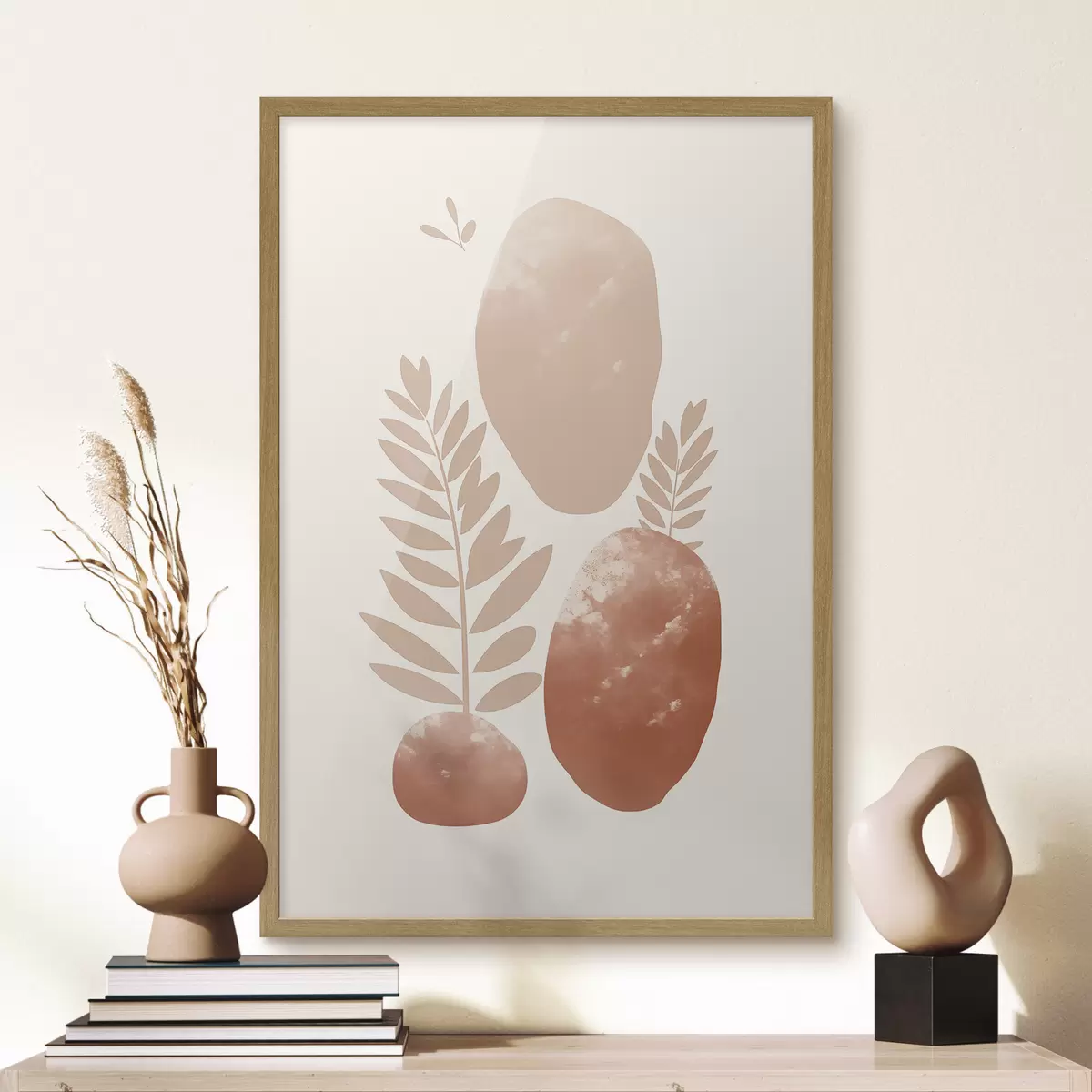 Poster Abstracte vormen, gestructureerde stenen en bladeren in gedempte perzik- en terracottatinten, minimalistisch, crèmekleurige achtergrond f47012