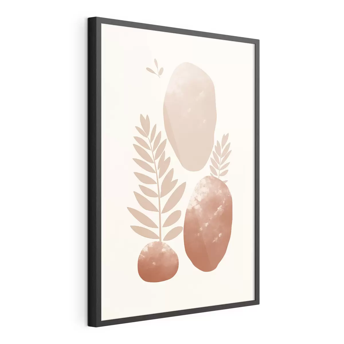 Poster Abstracte vormen, gestructureerde stenen en bladeren in gedempte perzik- en terracottatinten, minimalistisch, crèmekleurige achtergrond f47012