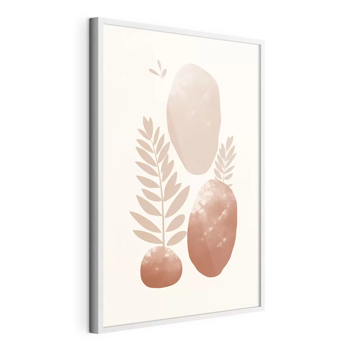 Poster Abstracte vormen, gestructureerde stenen en bladeren in gedempte perzik- en terracottatinten, minimalistisch, crèmekleurige achtergrond f47012