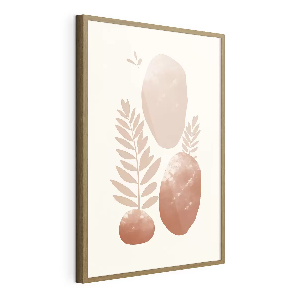 Poster Abstracte vormen, gestructureerde stenen en bladeren in gedempte perzik- en terracottatinten, minimalistisch, crèmekleurige achtergrond f47012