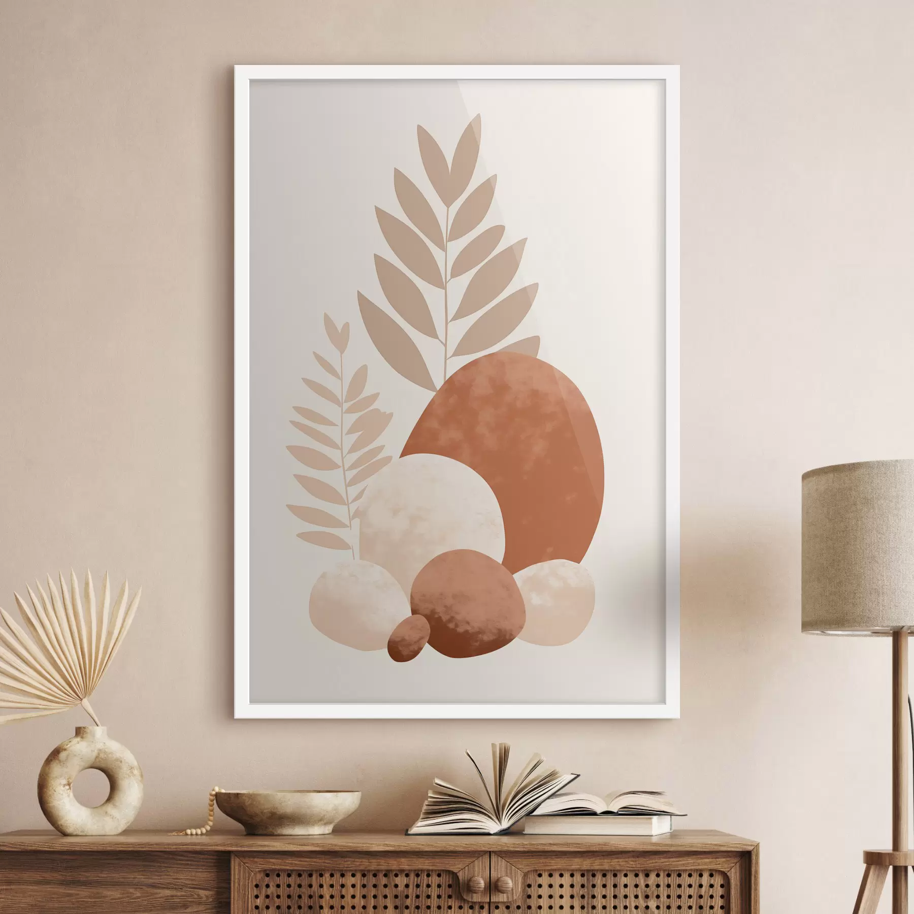 Fotobehang Abstracte vormen, gestructureerde stenen en bladeren in gedempte perzik- en terracottatinten, minimalistisch, crèmekleurige achtergrond f47013