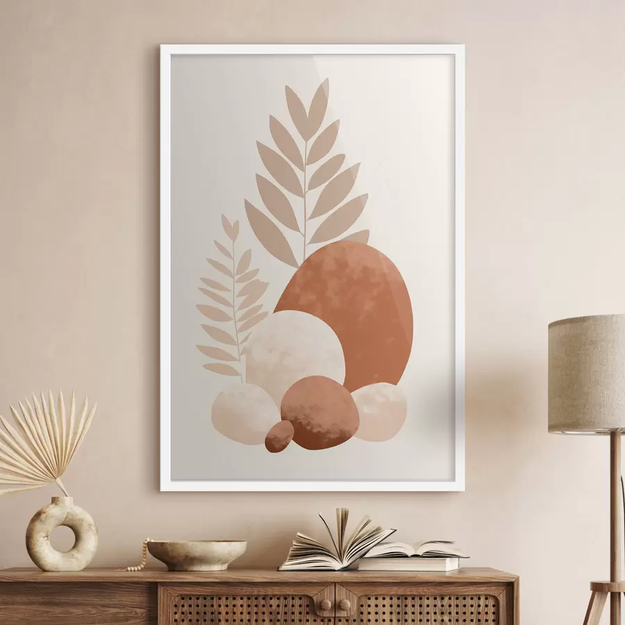 Fotobehang Abstracte vormen, gestructureerde stenen en bladeren in gedempte perzik- en terracottatinten, minimalistisch, crèmekleurige achtergrond f47013