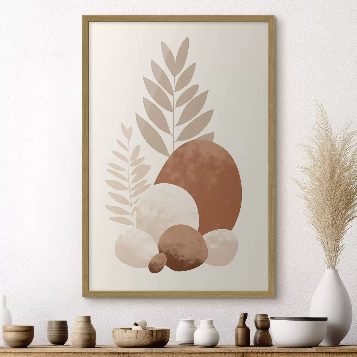 Poster Abstracte vormen, gestructureerde stenen en bladeren in gedempte perzik- en terracottatinten, minimalistisch, crèmekleurige achtergrond f47013