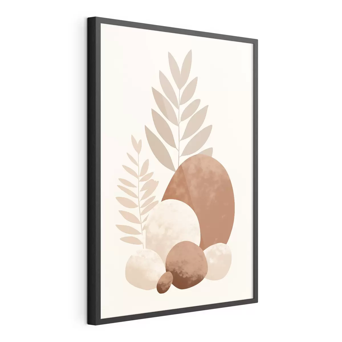 Poster Abstracte vormen, gestructureerde stenen en bladeren in gedempte perzik- en terracottatinten, minimalistisch, crèmekleurige achtergrond f47013