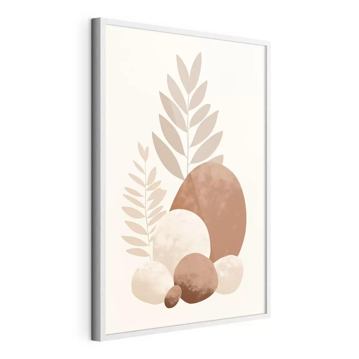 Poster Abstracte vormen, gestructureerde stenen en bladeren in gedempte perzik- en terracottatinten, minimalistisch, crèmekleurige achtergrond f47013
