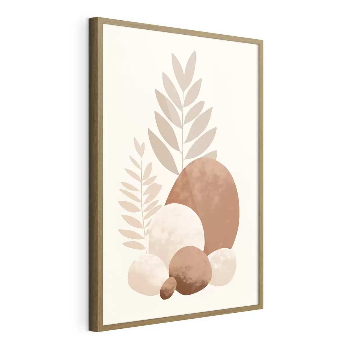 Poster Abstracte vormen, gestructureerde stenen en bladeren in gedempte perzik- en terracottatinten, minimalistisch, crèmekleurige achtergrond f47013