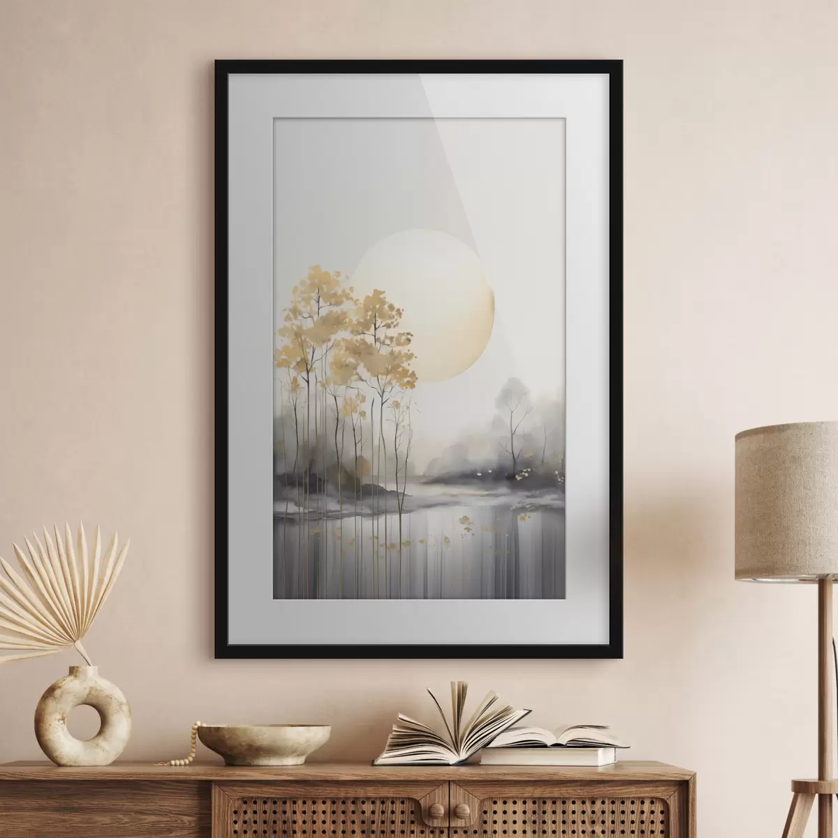 Poster Decoratief abstract landschap, hoge bomen met gele bladeren, een rivier en mist op de achtergrond f47014
