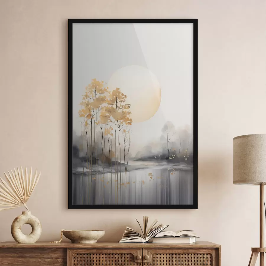 Fotobehang Decoratief abstract landschap, hoge bomen met gele bladeren, een rivier en mist op de achtergrond f47014