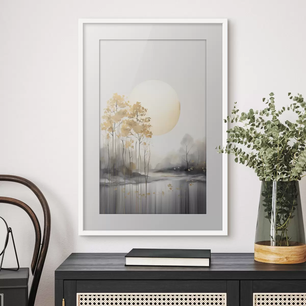 Poster Decoratief abstract landschap, hoge bomen met gele bladeren, een rivier en mist op de achtergrond f47014