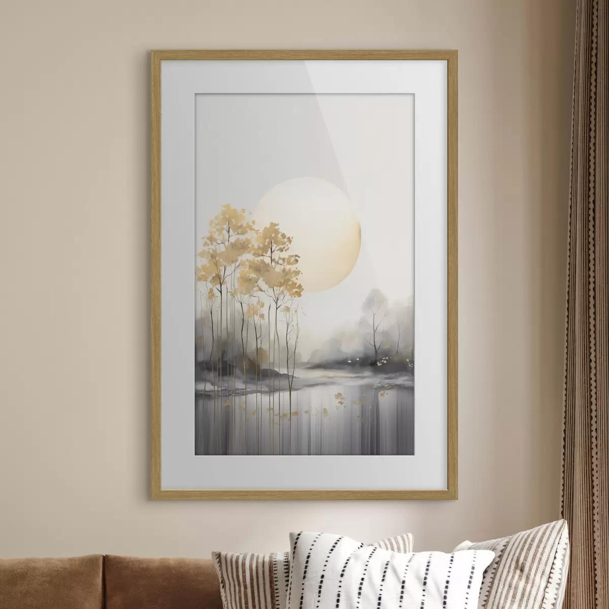 Poster Decoratief abstract landschap, hoge bomen met gele bladeren, een rivier en mist op de achtergrond f47014