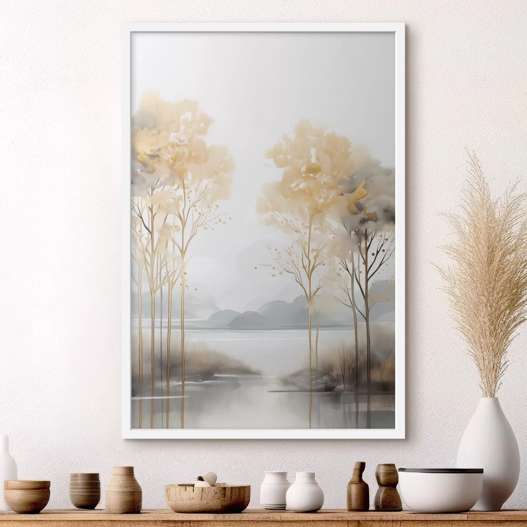 Fotobehang Decoratief abstract landschap, hoge bomen met gele bladeren, een rivier en mist op de achtergrond f47015