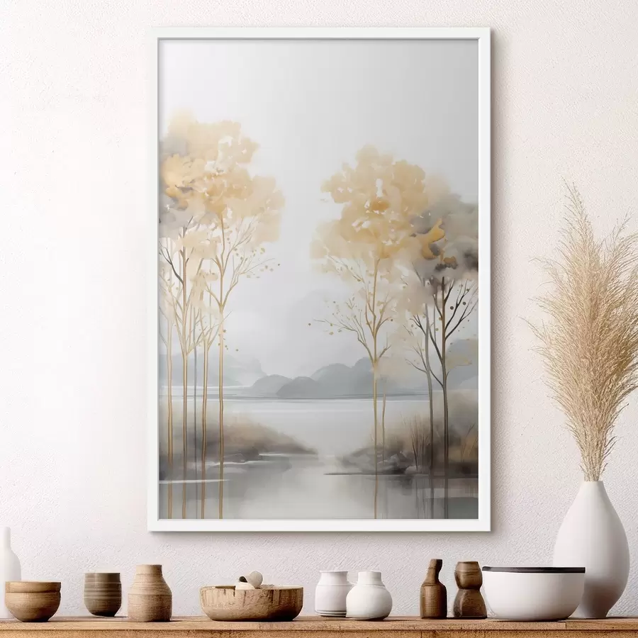 Fotobehang Decoratief abstract landschap, hoge bomen met gele bladeren, een rivier en mist op de achtergrond f47015
