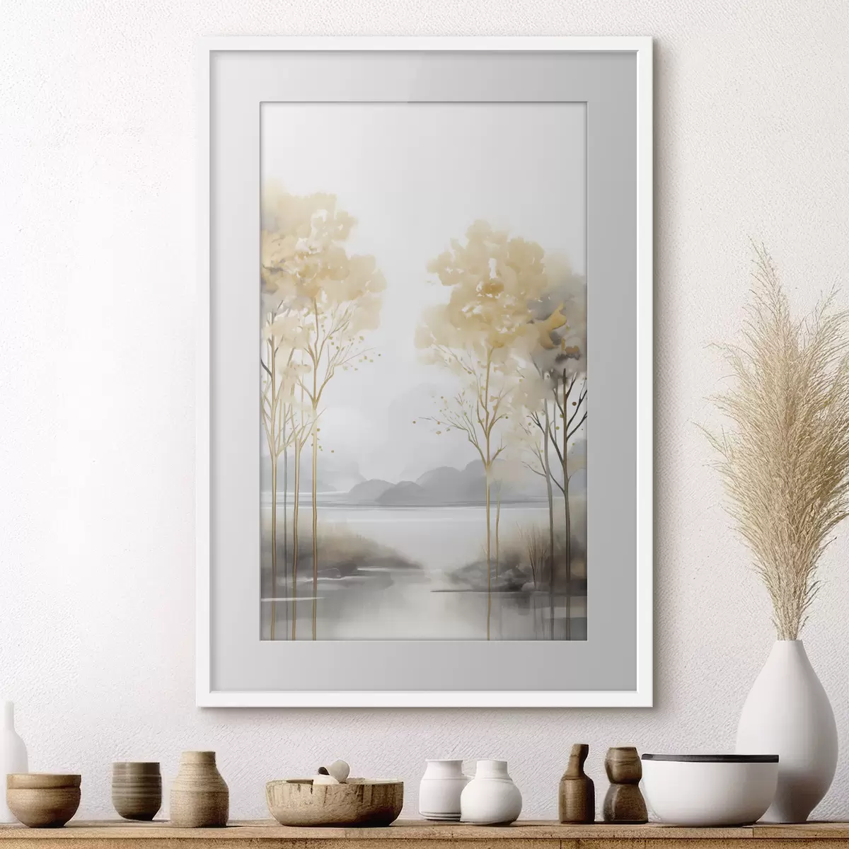 Poster Decoratief abstract landschap, hoge bomen met gele bladeren, een rivier en mist op de achtergrond f47015