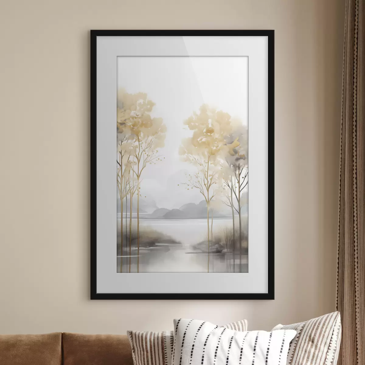 Poster Decoratief abstract landschap, hoge bomen met gele bladeren, een rivier en mist op de achtergrond f47015