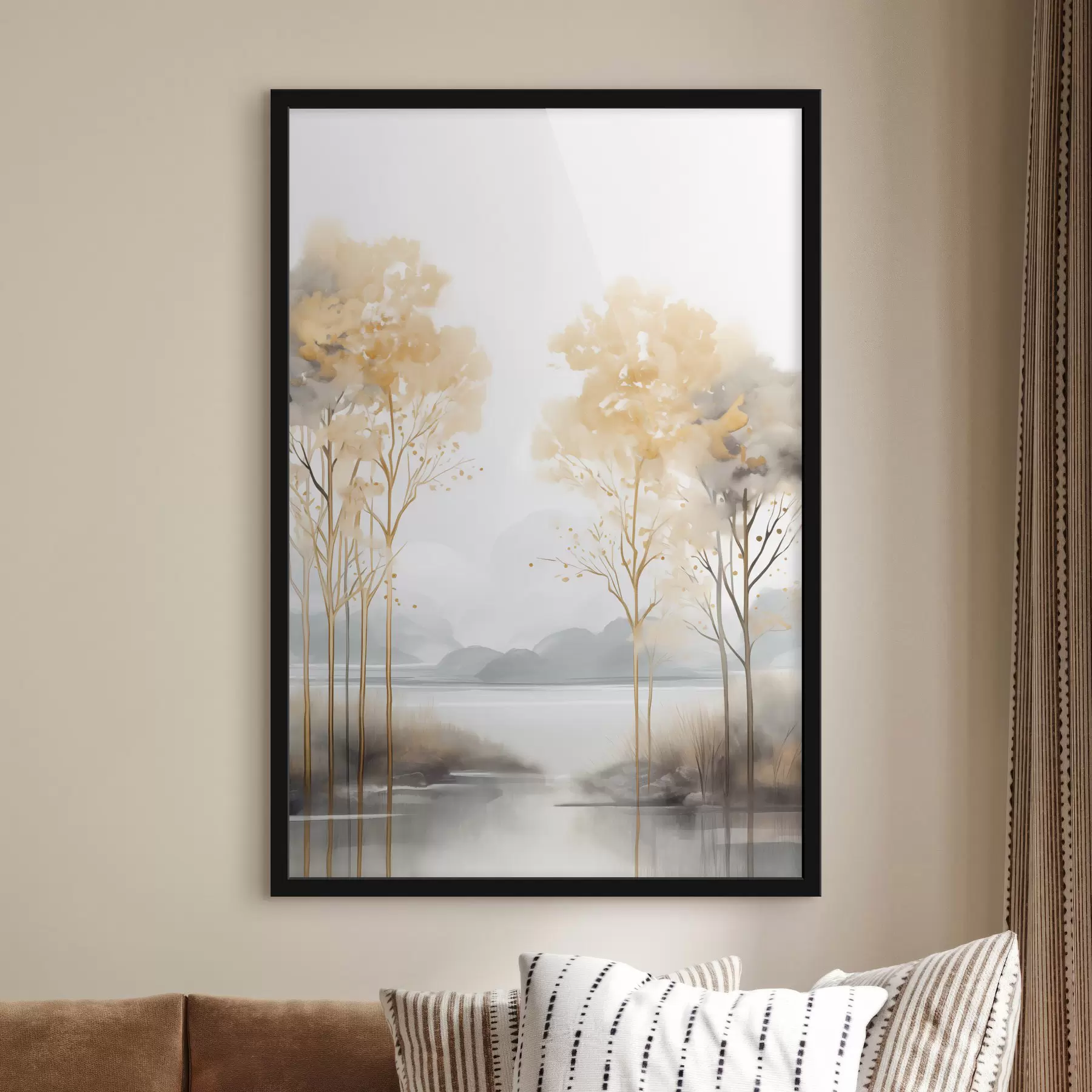 Fotobehang Decoratief abstract landschap, hoge bomen met gele bladeren, een rivier en mist op de achtergrond f47015