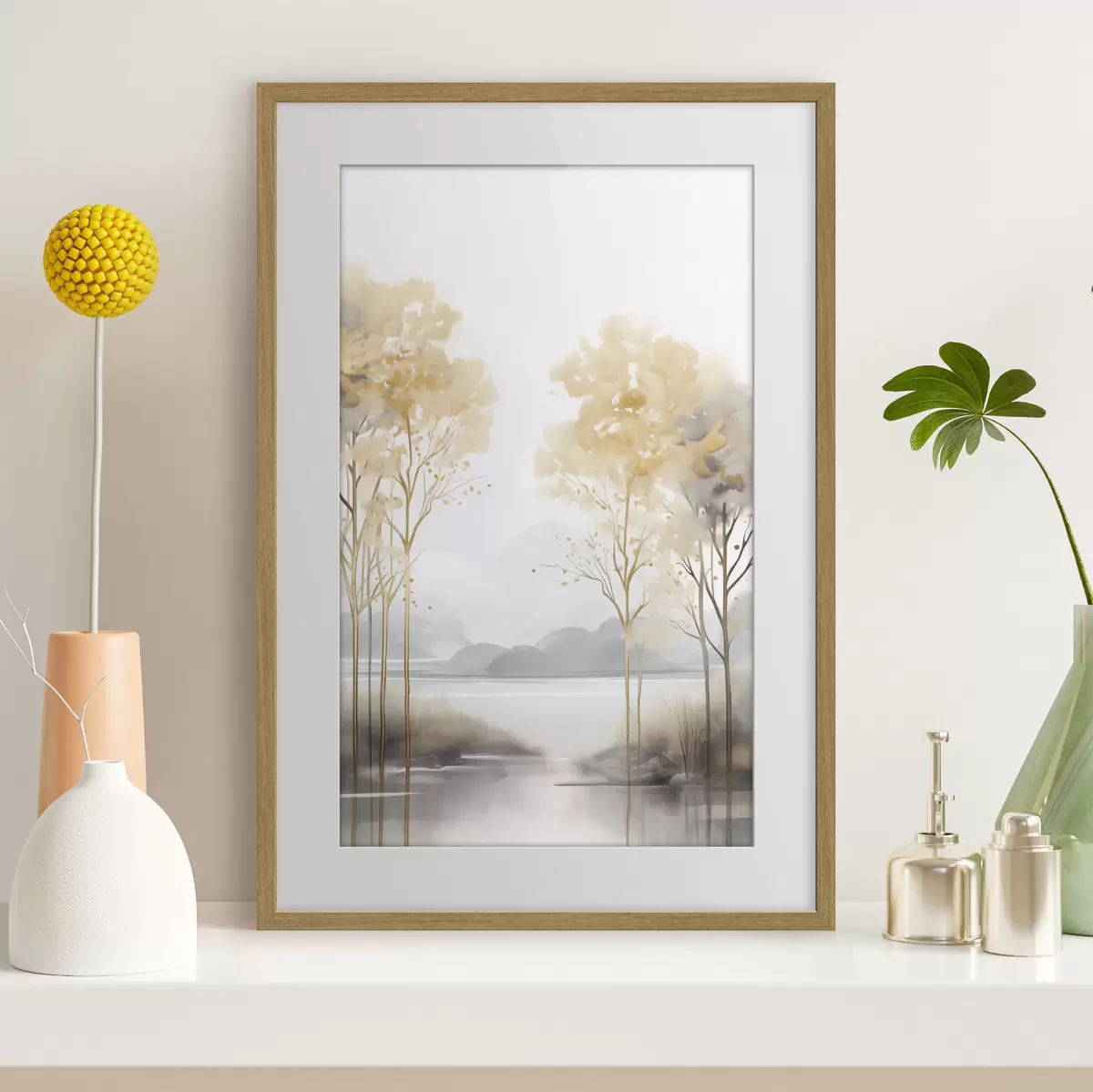 Poster Decoratief abstract landschap, hoge bomen met gele bladeren, een rivier en mist op de achtergrond f47015