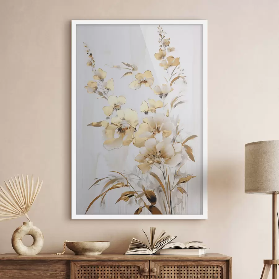 Fotobehang Getextureerde gele bloemen en bladeren tegen een witte achtergrond, met delicate penseelstreken f47016