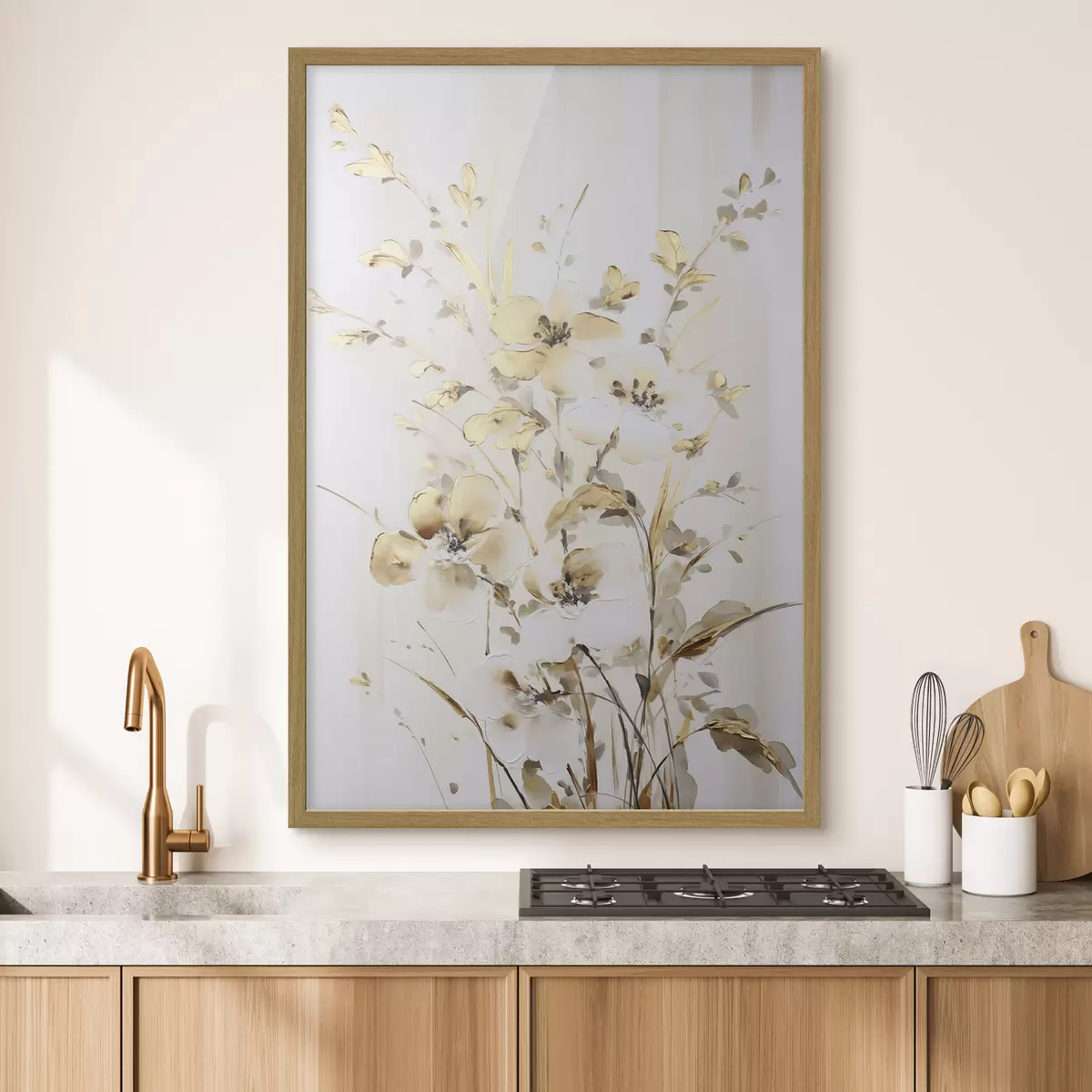 Poster Getextureerde gele bloemen en bladeren tegen een witte achtergrond, met delicate penseelstreken f47017
