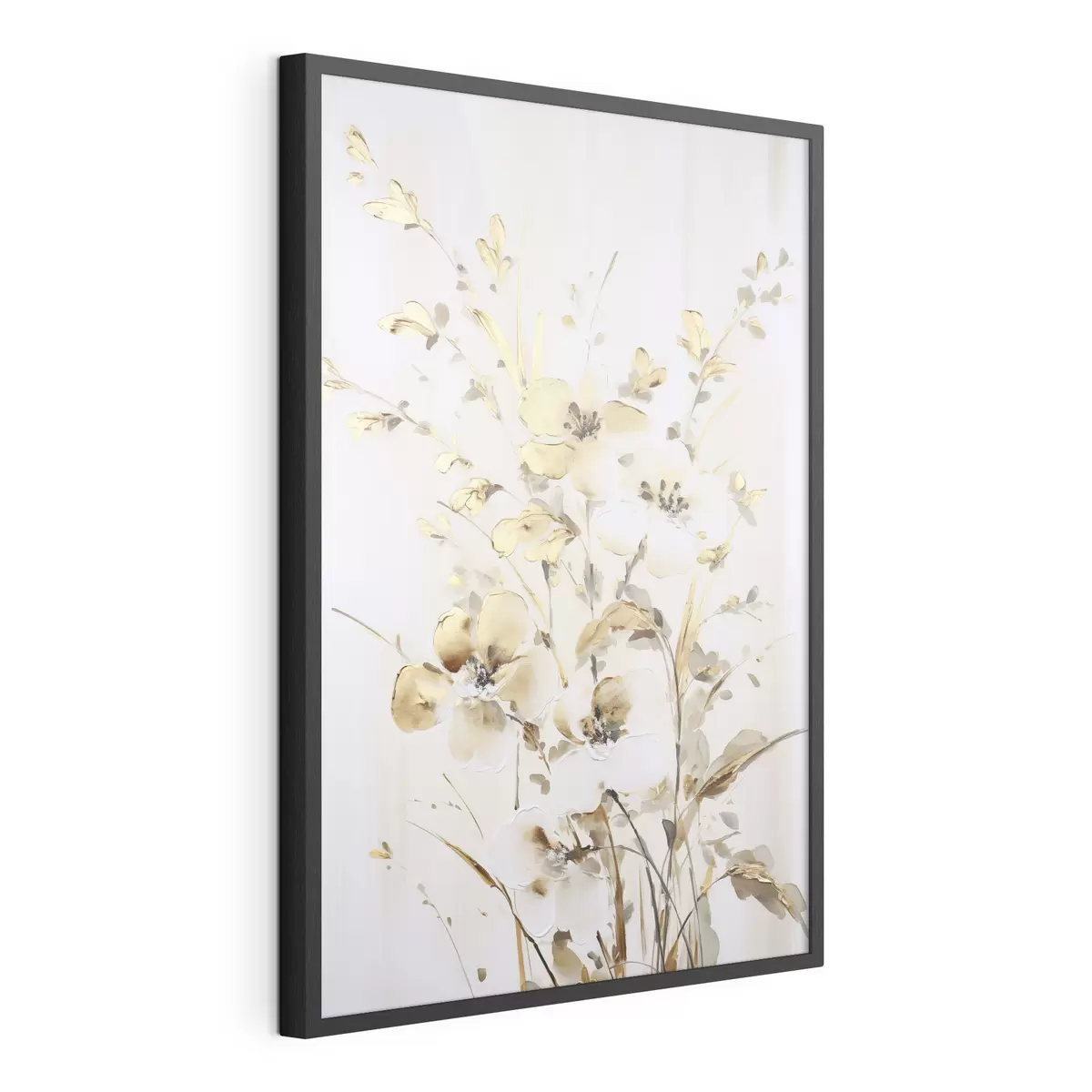 Poster Getextureerde gele bloemen en bladeren tegen een witte achtergrond, met delicate penseelstreken f47017