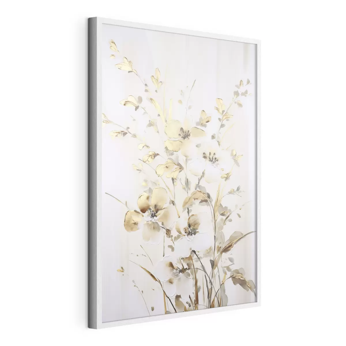 Poster Getextureerde gele bloemen en bladeren tegen een witte achtergrond, met delicate penseelstreken f47017