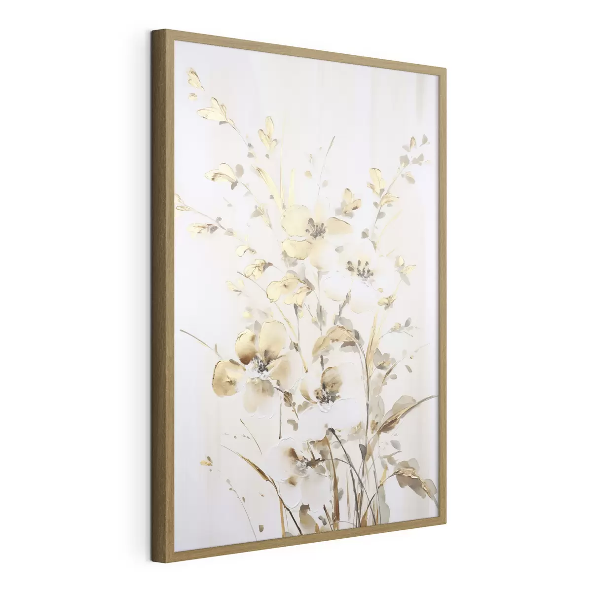 Poster Getextureerde gele bloemen en bladeren tegen een witte achtergrond, met delicate penseelstreken f47017