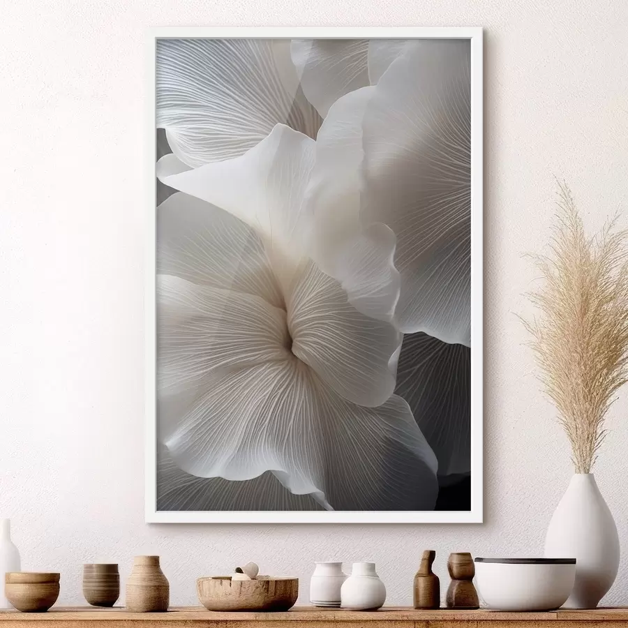 Fotobehang Close-up van delicate abstracte witte bloemblaadjes met ingewikkelde lijnen en een wazige donkere achtergrond f47019