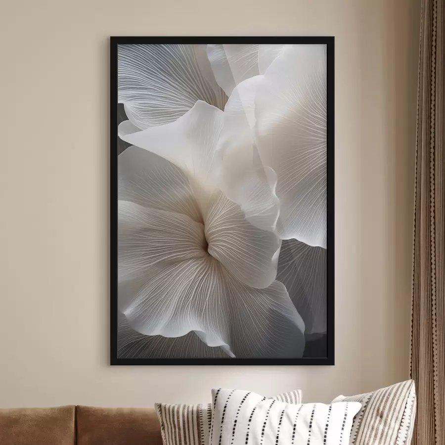 Fotobehang Close-up van delicate abstracte witte bloemblaadjes met ingewikkelde lijnen en een wazige donkere achtergrond f47019