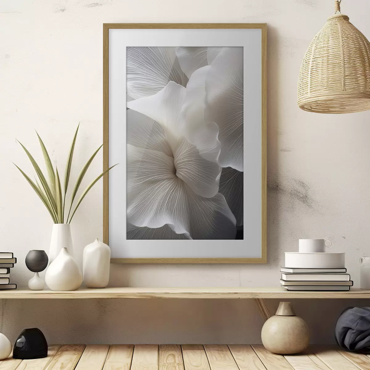 Poster Close-up van delicate abstracte witte bloemblaadjes met ingewikkelde lijnen en een wazige donkere achtergrond f47019