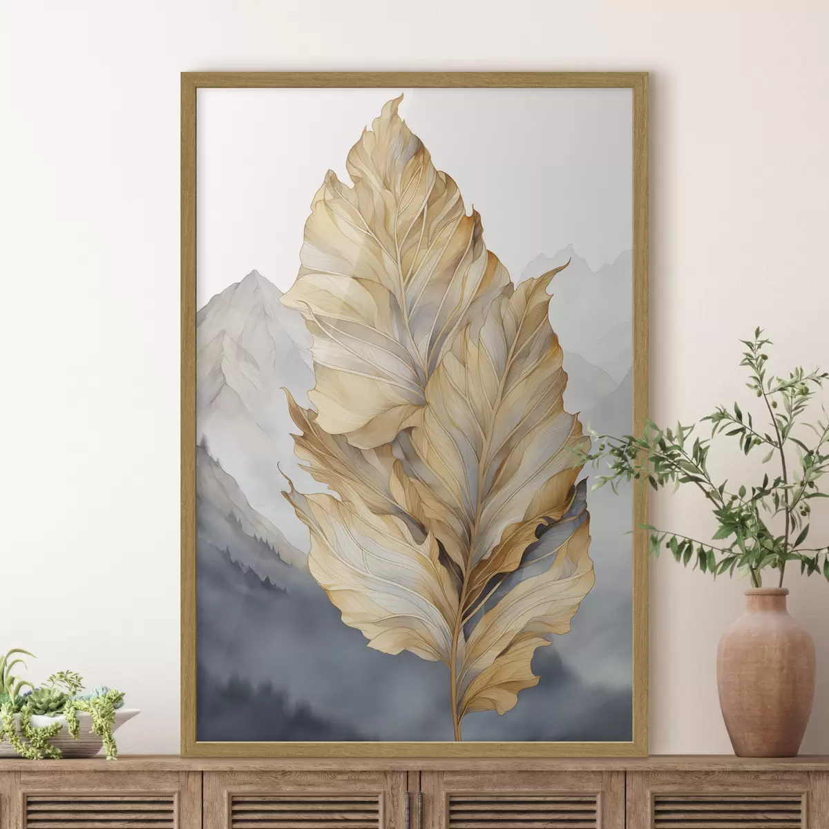 Poster Abstracte grote, gele en bruine bladeren met ingewikkelde details, tegen een berglandschap f47022