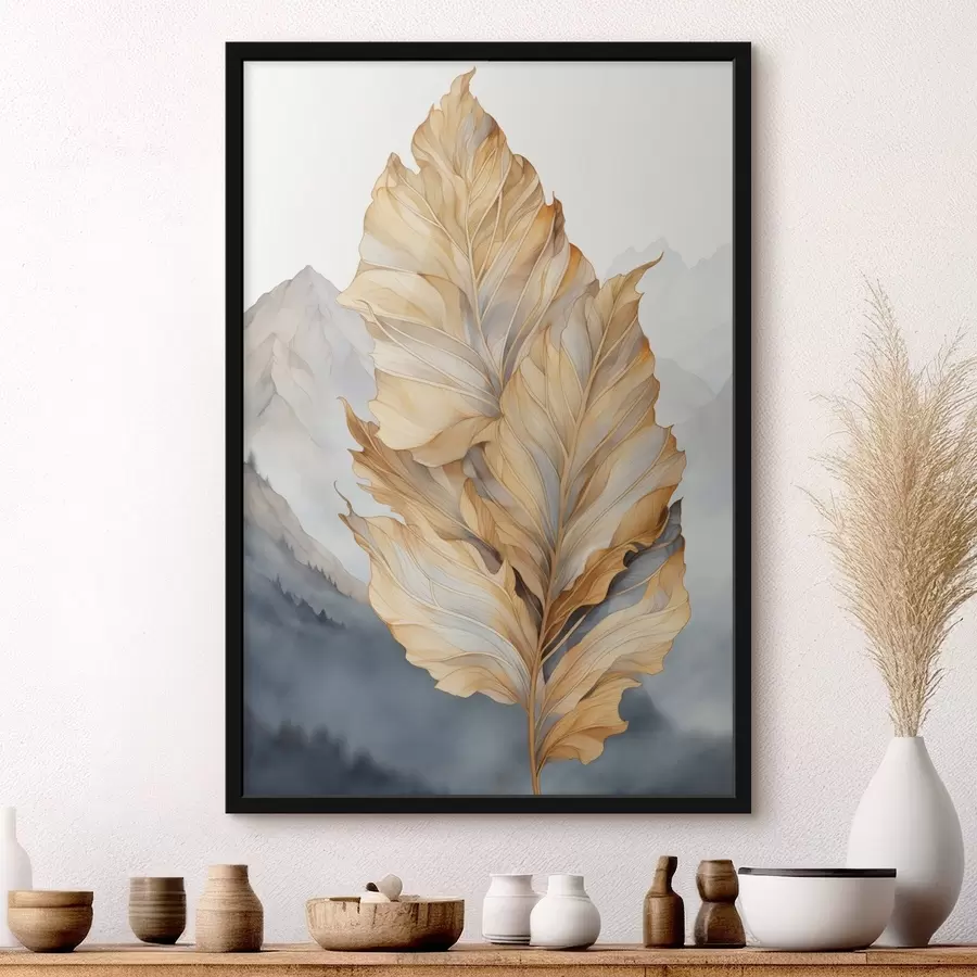 Fotobehang Abstracte grote, gele en bruine bladeren met ingewikkelde details, tegen een berglandschap f47022