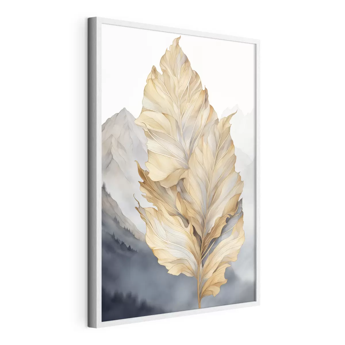 Poster Abstracte grote, gele en bruine bladeren met ingewikkelde details, tegen een berglandschap f47022
